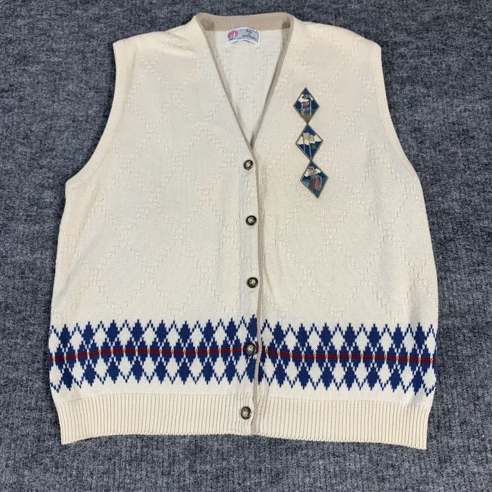 VTG Isle Of Cotton Cardigan Sweater Vest Womens Large White Golf Embroidered 90s